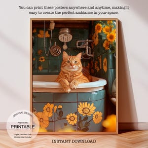 Cute Orange Cat in Tub Wall Art, Printable Bathroom Floral Wall Art, Feminist Wall Decor, Maximalist Colorful Poster Cat Lover Print Digital