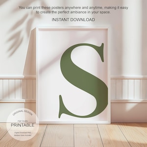 Arte de pared verde, póster con la letra S, decoración de habitación preppy, impresión inicial S, lindo arte de pared verde, impresión de una sola letra, decoración de dormitorio imprimible
