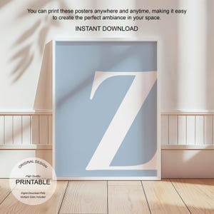 Arte de pared azul, póster con la letra Z, decoración de habitación preppy, impresión inicial Z, lindo arte de pared azul, impresión de una sola letra, decoración de dormitorio, arte de pared imprimible