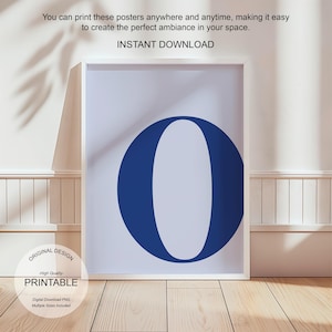 Arte de pared azul, póster con la letra O, decoración de habitación preppy, impresión inicial O, lindo arte de pared azul, impresión de una sola letra, decoración de dormitorio, arte de pared imprimible