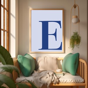 Blue Wall Art, Letter E Poster, Preppy Room Decor, E Initial Print Cute Blue Wall Art Single Letter Print Dorm Room Decor Printable Wall Art