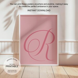 Arte de pared rosa, póster con la letra R, decoración de habitación preppy, impresión inicial R, lindo arte de pared rosa, impresión de una sola letra, decoración de dormitorio, arte de pared imprimible