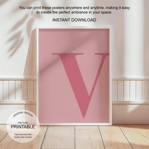 Arte de pared rosa, póster con la letra V, decoración de habitación preppy, impresión inicial V, lindo arte de pared rosa, impresión de una sola letra, decoración de dormitorio, arte de pared imprimible
