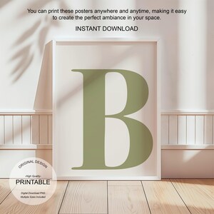 Arte de pared verde, póster con la letra B, decoración de habitación preppy, impresión inicial B, lindo arte de pared verde, impresión de una sola letra, decoración de dormitorio imprimible