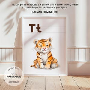 Póster de la letra T con la inicial T, impresión artística para aula, arte de pared neutro con letras ABC para guardería, póster imprimible para educación en casa, amante de la naturaleza
