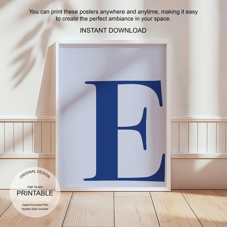 Blue Wall Art, Letter E Poster, Preppy Room Decor, E Initial Print Cute Blue Wall Art Single Letter Print Dorm Room Decor Printable Wall Art