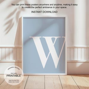Arte de pared azul, póster con la letra W, decoración de habitación preppy, impresión inicial W, lindo arte de pared azul, impresión de una sola letra, decoración de dormitorio, arte de pared imprimible