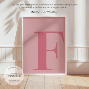Arte de pared rosa, póster con la letra F, decoración de habitación preppy, impresión inicial F, lindo arte de pared rosa, impresión de una sola letra, decoración de dormitorio, arte de pared imprimible
