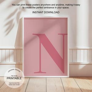 Arte de pared rosa, póster con la letra N, decoración de habitación preppy, impresión inicial N, lindo arte de pared rosa, impresión de una sola letra, decoración de dormitorio, arte de pared imprimible