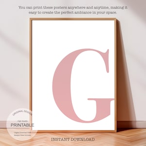 Arte de pared rosa, póster con la letra G, decoración de habitación preppy, impresión inicial G, lindo arte de pared rosa, impresión de una sola letra, decoración de dormitorio, arte de pared imprimible