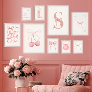 Pink Watercolor Bow Print Set of 9: Custom Initial Nursery Art (Digital Download)