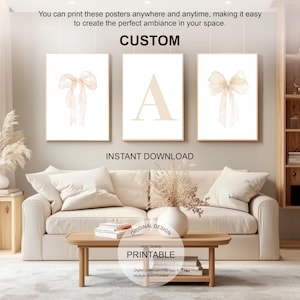 Custom Name Beige Bow Print Set: Preppy Girly Wall Art (Digital Download)