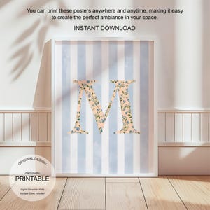 Descarga de arte mural digital: Decoración e impresión de monograma para dormitorio con letra inicial M floral, arte de acuarela - Idea de regalo