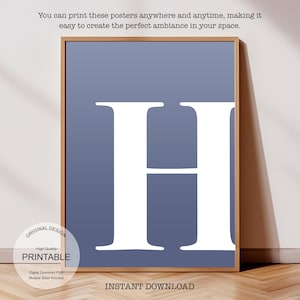 Arte de pared azul, póster con la letra H, decoración de habitación preppy, impresión inicial H, lindo arte de pared azul, impresión de una sola letra, decoración de dormitorio, arte de pared imprimible
