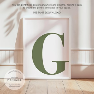 Arte de pared verde, póster con la letra G, decoración de habitación preppy, impresión inicial G, lindo arte de pared verde, impresión de una sola letra, decoración de dormitorio imprimible