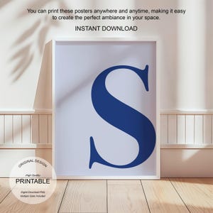 Arte de pared azul, póster con la letra S, decoración de habitación preppy, impresión inicial S, lindo arte de pared azul, impresión de una sola letra, decoración de dormitorio, arte de pared imprimible