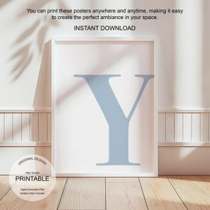 Arte de pared azul, póster con la letra Y, decoración de habitación preppy, impresión inicial Y, lindo arte de pared azul, impresión de una sola letra, decoración de dormitorio, arte de pared imprimible
