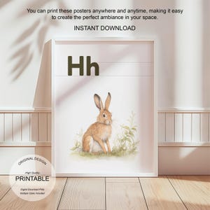 Póster de la letra H con la inicial H, impresión artística para aula, arte de pared neutro con letras ABC para guardería, póster imprimible para educación en casa, amante de la naturaleza