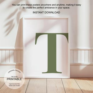 Arte de pared verde, póster con la letra T, decoración de habitación preppy, impresión inicial T, lindo arte de pared verde, impresión de una sola letra, decoración de dormitorio imprimible