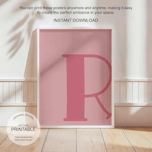Arte de pared rosa, póster con la letra R, decoración de habitación preppy, impresión inicial R, lindo arte de pared rosa, impresión de una sola letra, decoración de dormitorio, arte de pared imprimible