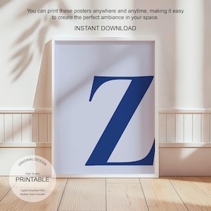 Arte de pared azul, póster con la letra Z, decoración de habitación preppy, impresión inicial Z, lindo arte de pared azul, impresión de una sola letra, decoración de dormitorio, arte de pared imprimible