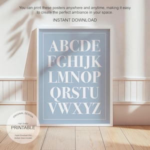 Arte de pared azul, abecedario para la primera infancia: póster con la letra M, alfabeto con la letra inicial M, gráfico abecedario azul polvoriento y letra vintage para guardería, DIGITAL