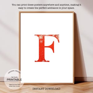 Póster inicial de Navidad, póster de la letra F, monograma de la letra F, decoración con impresión inicial, impresión de una sola letra, decoración de dormitorio, arte de pared imprimible