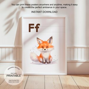 Póster de la letra F con la inicial F, impresión artística para el aula, arte de pared neutro para guardería, letras para niños, póster imprimible para educación en el hogar, amante de la naturaleza