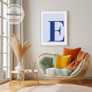 Blue Wall Art, Letter E Poster, Preppy Room Decor, E Initial Print Cute Blue Wall Art Single Letter Print Dorm Room Decor Printable Wall Art