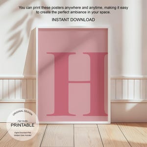Arte de pared rosa, póster con la letra H, decoración de habitación preppy, impresión inicial H, lindo arte de pared rosa, impresión de una sola letra, decoración de dormitorio, arte de pared imprimible