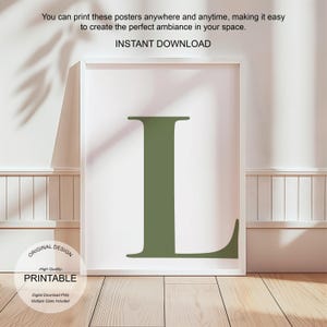 Arte de pared verde, póster con la letra L, decoración de habitación preppy, impresión inicial L, lindo arte de pared verde, impresión de una sola letra, decoración de dormitorio imprimible