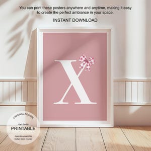 Póster de letra X con arte de pared rosa, decoración de habitación preppy, impresión inicial X, bonito arte de pared rosa, impresión de una sola letra, póster de lazos de moda, arte de pared imprimible