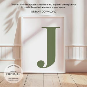 Arte de pared verde, póster con la letra J, decoración de habitación preppy, impresión inicial J, lindo arte de pared verde, impresión de una sola letra, decoración de dormitorio imprimible