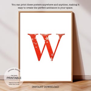 Póster inicial de Navidad: Póster de la letra W, Monograma de la letra W y Decoración con la inicial W de una sola letra - Decoración imprimible para dormitorio