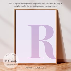 Arte de parede lilás para berçário: pôster da letra R, impressão inicial R, decoração de arte roxa - decoração de dormitório universitário com lavanda e estilo preppy