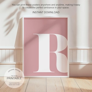 Arte de pared rosa, póster con la letra R, decoración de habitación preppy, impresión inicial R, lindo arte de pared rosa, impresión de una sola letra, decoración de dormitorio, arte de pared imprimible
