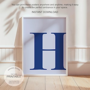 Arte de pared azul, póster con la letra H, decoración de habitación preppy, impresión inicial H, lindo arte de pared azul, impresión de una sola letra, decoración de dormitorio, arte de pared imprimible