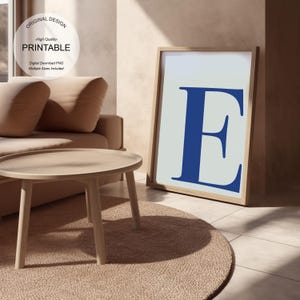 Blue Wall Art, Letter E Poster, Preppy Room Decor, E Initial Print Cute Blue Wall Art Single Letter Print Dorm Room Decor Printable Wall Art