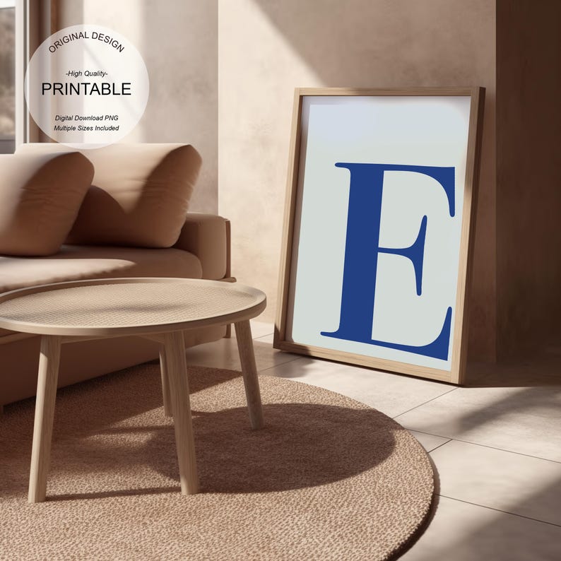 Blue Wall Art, Letter E Poster, Preppy Room Decor, E Initial Print Cute Blue Wall Art Single Letter Print Dorm Room Decor Printable Wall Art