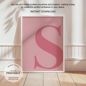 Arte de parede rosa, pôster da letra S, decoração de quarto elegante, impressão inicial S, arte de parede rosa fofa, impressão de uma letra, decoração de dormitório, arte de parede para impressão