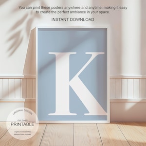 Arte de pared azul, póster con la letra K, decoración de habitación preppy, impresión inicial K, lindo arte de pared azul, impresión de una sola letra, decoración de dormitorio, arte de pared imprimible