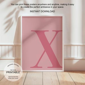 Arte de pared rosa, póster con la letra X, decoración de habitación preppy, impresión inicial X, lindo arte de pared rosa, impresión de una sola letra, decoración de dormitorio, arte de pared imprimible