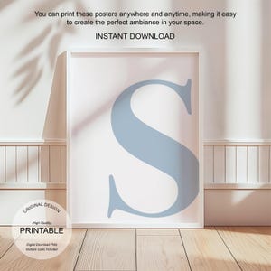 Arte de pared azul, póster con la letra S, decoración de habitación preppy, impresión inicial S, lindo arte de pared azul, impresión de una sola letra, decoración de dormitorio, arte de pared imprimible