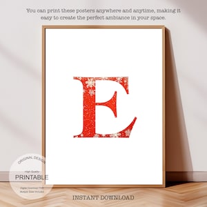 Póster inicial de Navidad, póster de la letra E, monograma de la letra E, decoración con impresión inicial, impresión de una sola letra, decoración de dormitorio, arte de pared imprimible