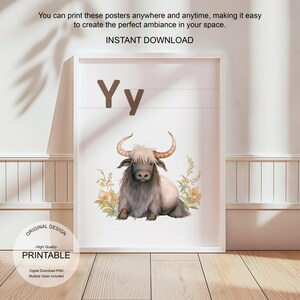 Póster de la letra Y con la inicial Y, impresión artística para el aula, arte de pared neutro con letras del alfabeto para guardería, póster imprimible para educación en el hogar para amantes de la naturaleza.