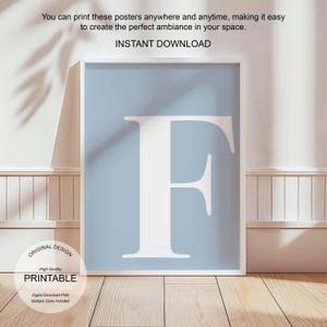 Arte de pared azul, póster con la letra F, decoración de habitación preppy, impresión inicial F, lindo arte de pared azul, impresión de una sola letra, decoración de dormitorio, arte de pared imprimible