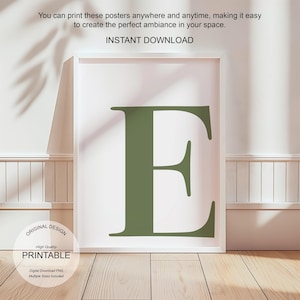 Arte de pared verde, póster con la letra E, decoración de habitación preppy, impresión inicial E, lindo arte de pared verde, impresión de una sola letra, decoración de dormitorio imprimible