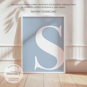 Arte de pared azul, póster con la letra S, decoración de habitación preppy, impresión inicial S, lindo arte de pared azul, impresión de una sola letra, decoración de dormitorio, arte de pared imprimible