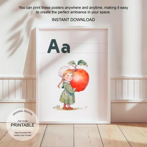 Póster de la letra A con la inicial A, impresión artística para el aula, arte de pared neutro para guardería, letras para niños, póster imprimible para educación en el hogar, amante de la naturaleza