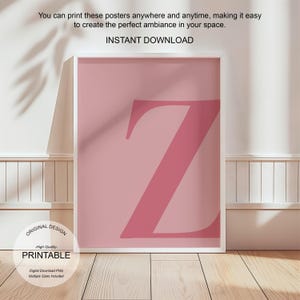 Arte de parede rosa, pôster da letra Z, decoração de quarto elegante, impressão inicial Z, arte de parede rosa fofa, impressão de uma letra, decoração de dormitório, arte de parede para impressão